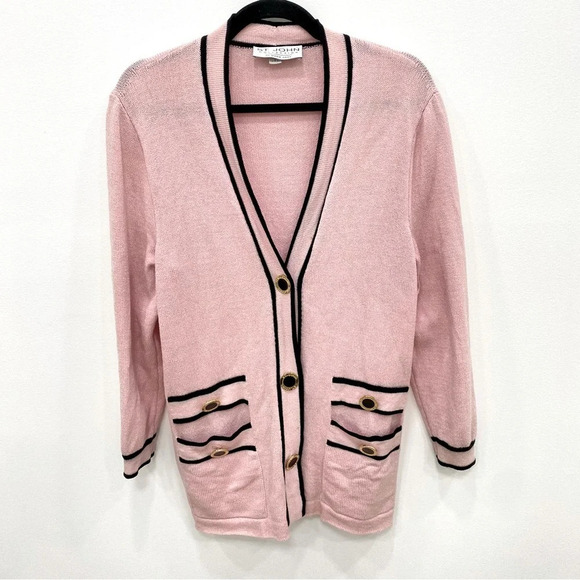 St. John Collection Marie Gray Pink Santana Knit Cardigan with black trim gold - Picture 1 of 7